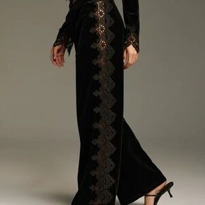 Commense Black Velvet Wide Leg Pants Sheer Lace Side Panel High Rise Large NEW